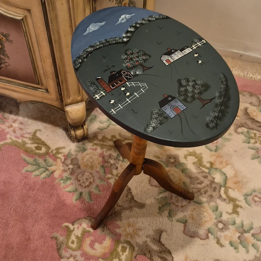 Vintage Wooden Hand-Painted  Oval Cottage Country Scene Tilt Tea Table